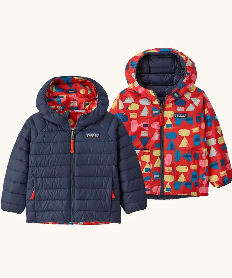 Patagonia Little Kids Reversible Down Sweater Hoody - Forest Being / Sizzle Red 1