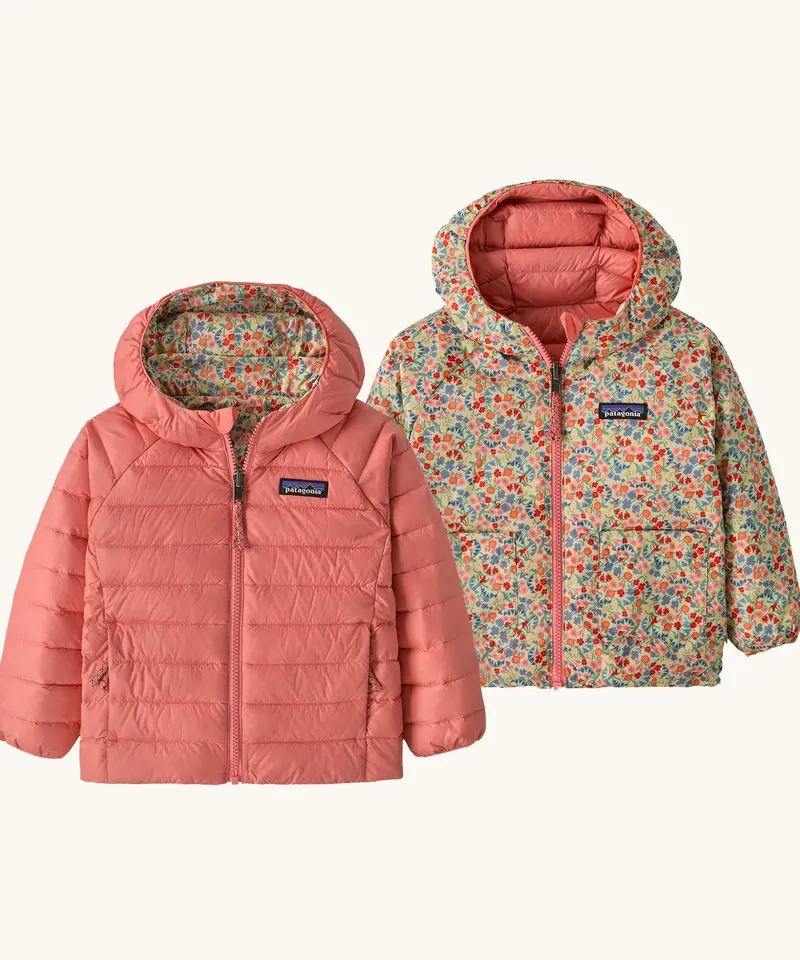 Patagonia Little Kids Reversible Down Sweater Hoody - Tiny World / Lichen Green 1