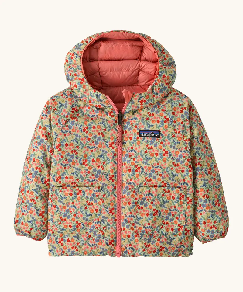 Patagonia Little Kids Reversible Down Sweater Hoody - Tiny World / Lichen Green 3