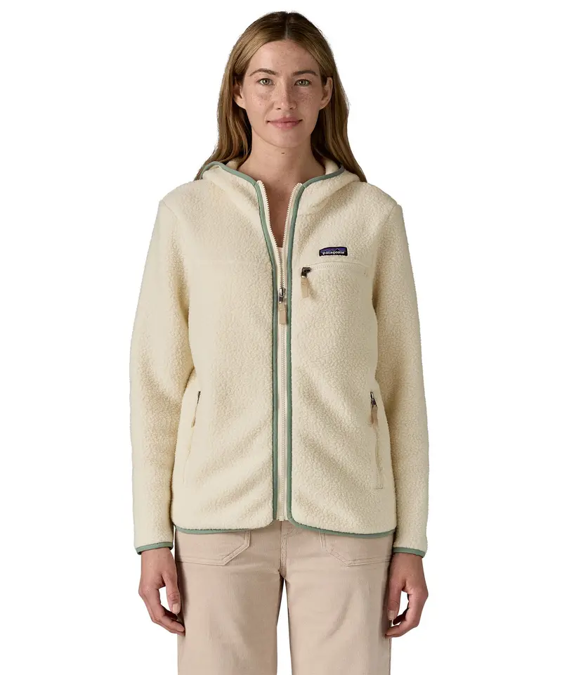 Patagonia Women's Retro Pile Fleece Hoody Jacket - Natural / Ellwood Green 2