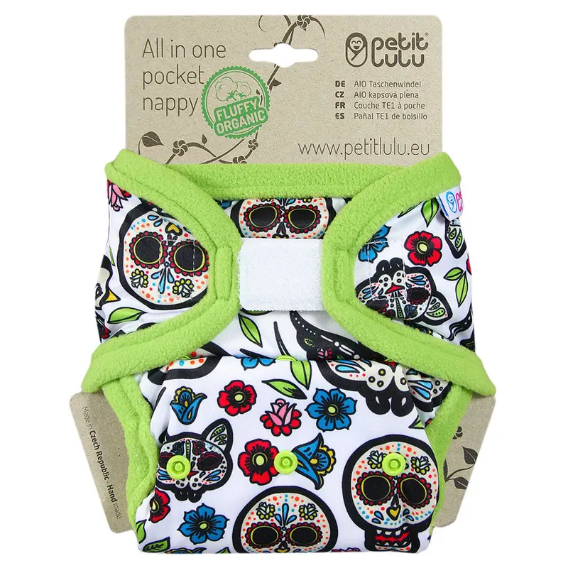 Petit Lulu Aio Pocket Nappy H&L - Mexican Skulls (On White) 1