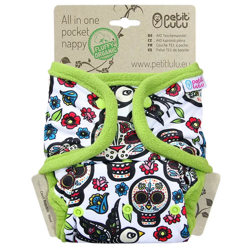 Petit Lulu Aio Pocket Nappy Snaps - Mexican Skulls (On White) 1