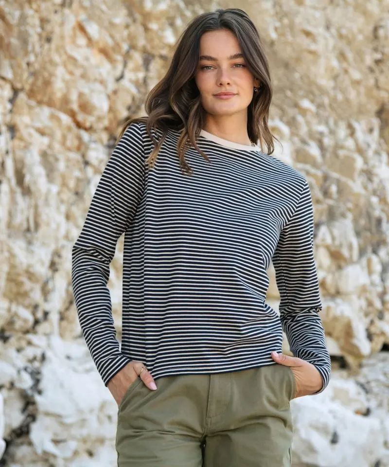 Rapanui Women's Organic Striped Long Sleeve Top - Oat & Navy 1