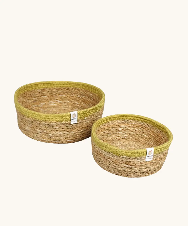 Respiin Set Of 2 Shallow Seagrass Jute Baskets - Natural / Green 1