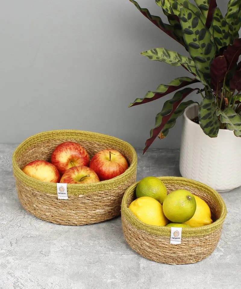 Respiin Set Of 2 Shallow Seagrass Jute Baskets - Natural / Green 2