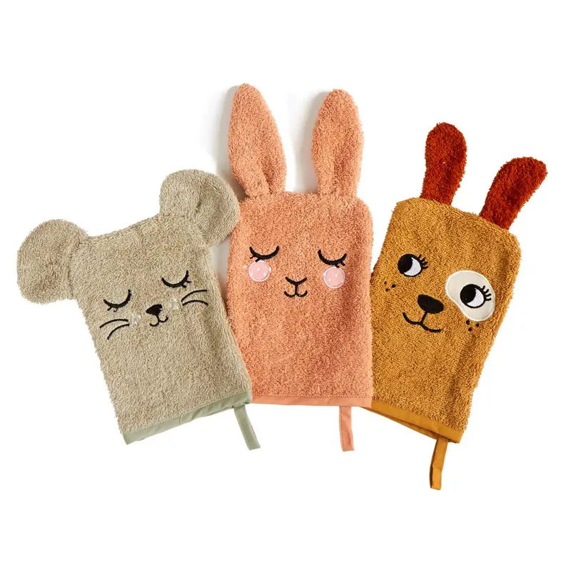 Roommate Baby Organic Wash Gloves 3 Pack - Bunny, Mouse & Dog 1