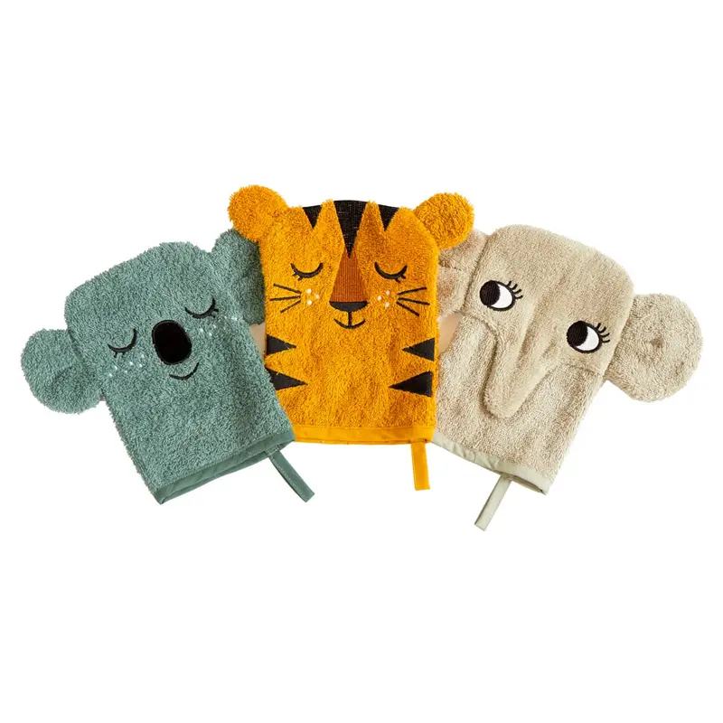 Roommate Baby Organic Wash Gloves 3 Pack - Koala, Tiger & Elephant 1