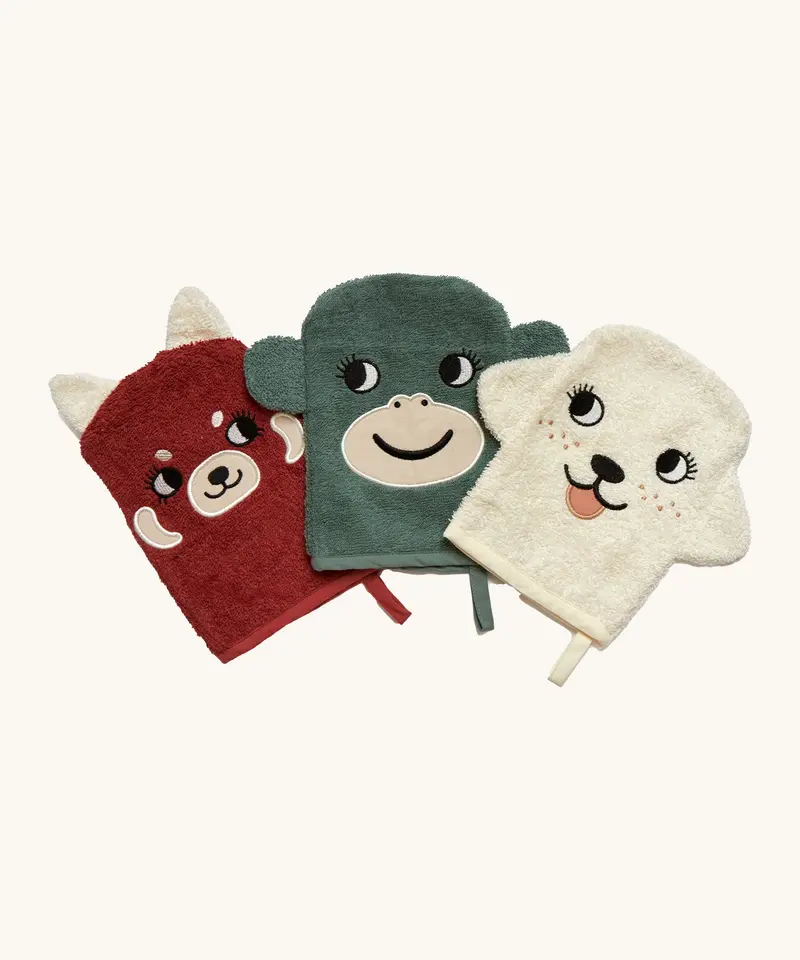 Roommate Organic Baby Wash Gloves - Monkey, Red Panda & Dog 1