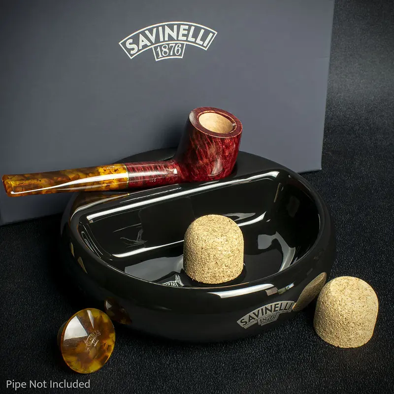 Savinelli Black Ceramic Ashtray - One Pipe Rest With Cork Knocker 1