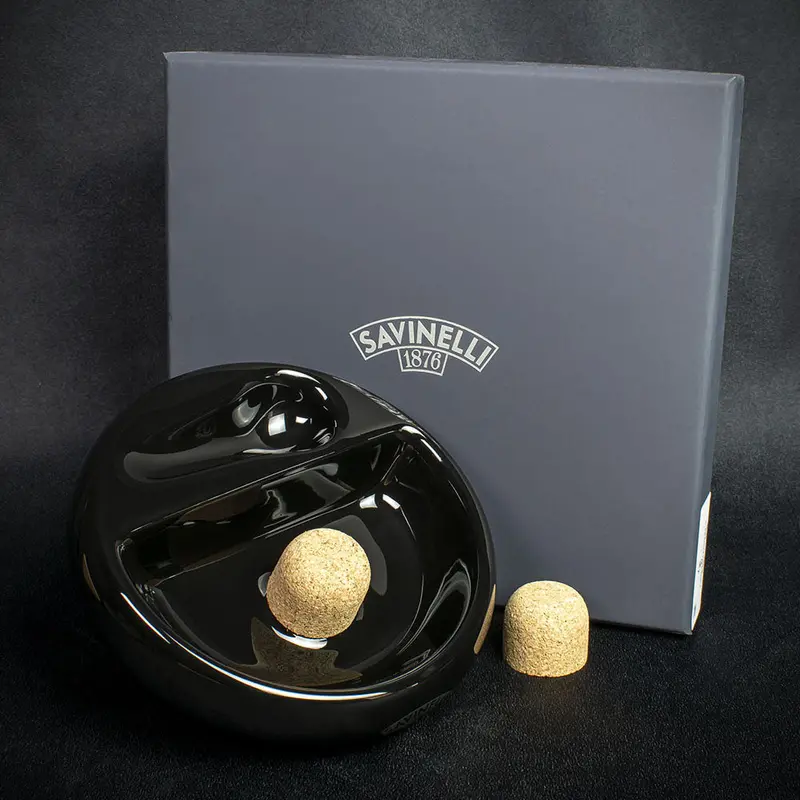 Savinelli Black Ceramic Ashtray - One Pipe Rest With Cork Knocker 2