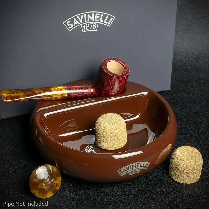 Savinelli Brown Ceramic Ashtray - One Pipe Rest With Cork Knocker 1