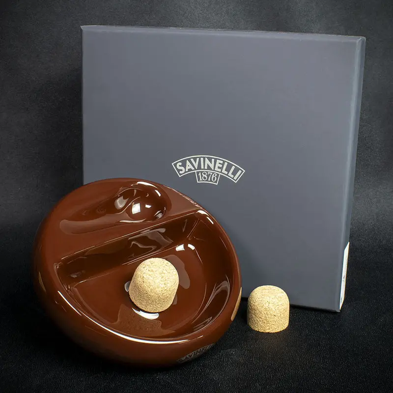 Savinelli Brown Ceramic Ashtray - One Pipe Rest With Cork Knocker 2