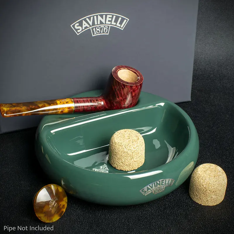 Savinelli Green Ceramic Ashtray - One Pipe Rest With Cork Knocker 1