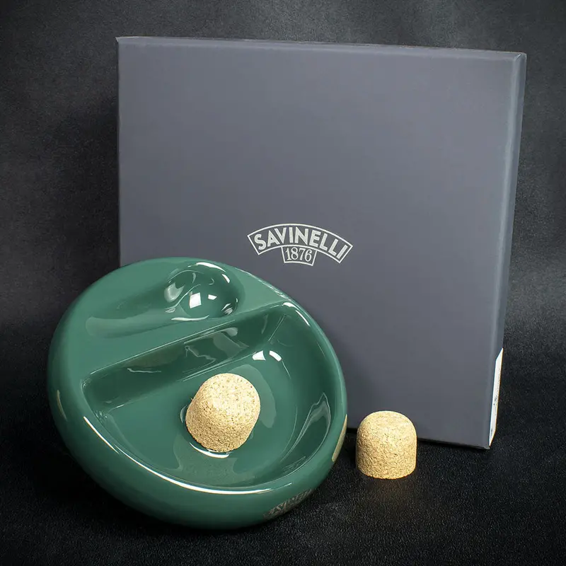 Savinelli Green Ceramic Ashtray - One Pipe Rest With Cork Knocker 2
