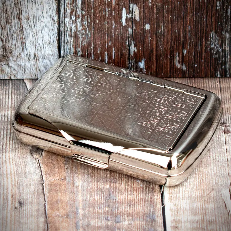 Tobacco Tin With Paper Holder - Patterned Chrome Top 1