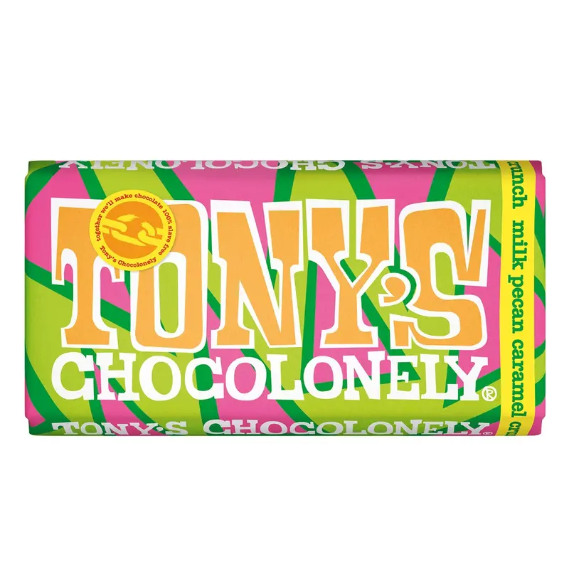 Tony's Chocolonely Fairtrade Milk Chocolate Pecan Caramel Crunch Bar 180G Bb April 2026 1