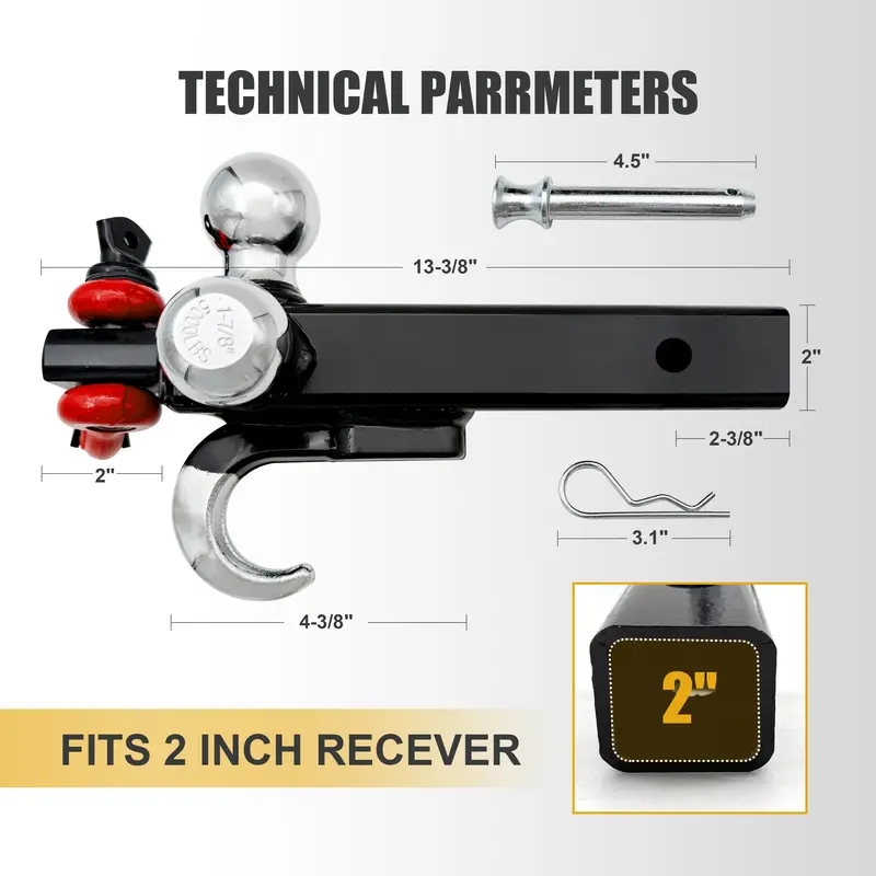 Trucktok 2" Hitch Receiver 3-Ball With Swivel Shackle Hook & Key Lock 2