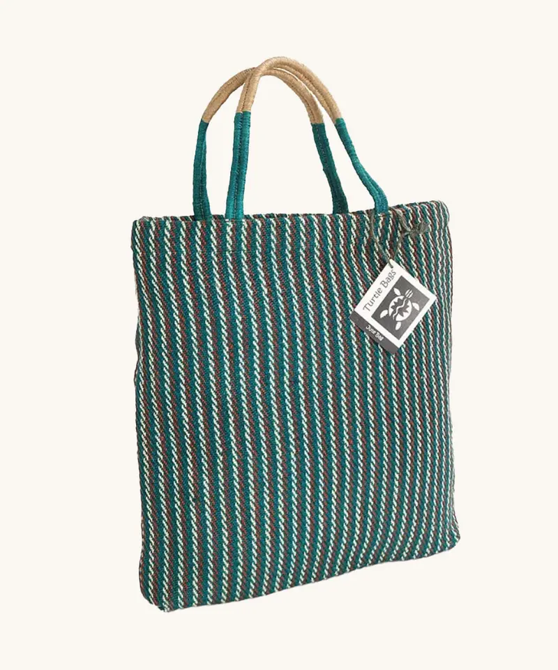 Turtle Bags Teal Striped Jute Bag 1