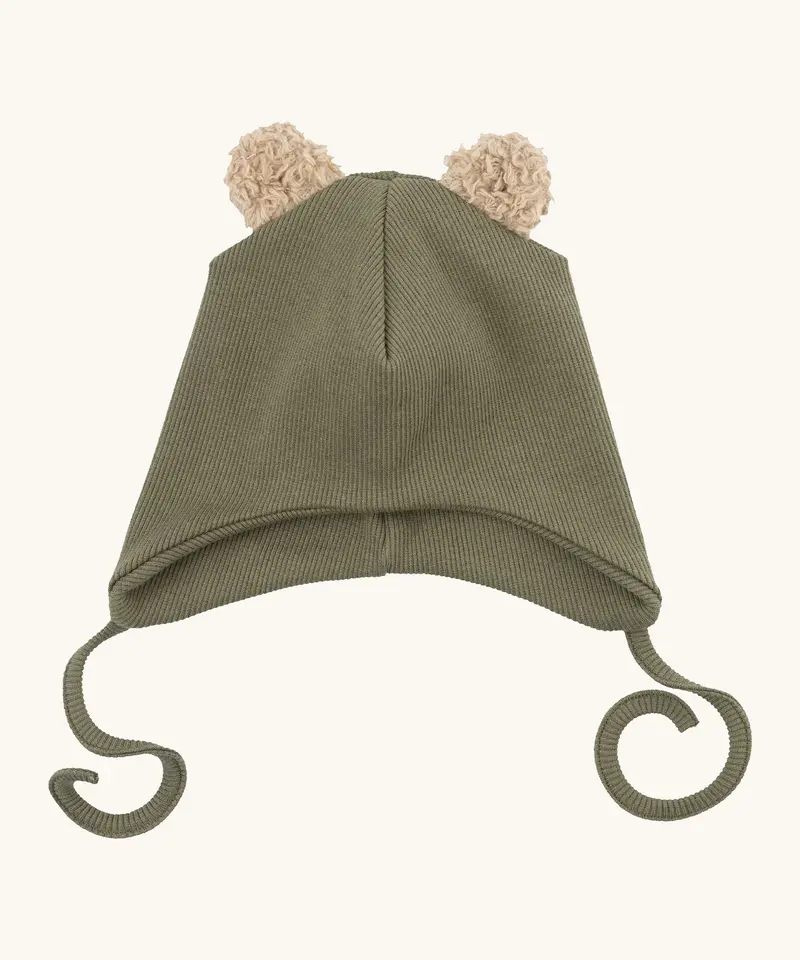 Wooly Organic Baby Hat With Teddy Ears - Tea Leaf 1