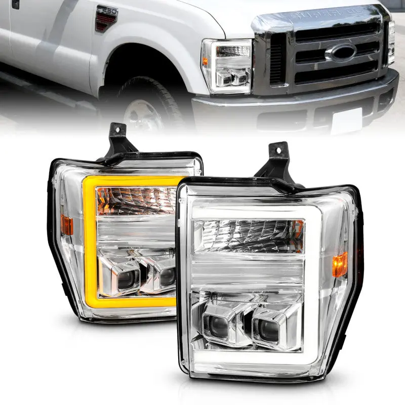 Anzo 08-10 Ford F-250 - F-550 Super Duty Projector Headlights W/ Light Bar Switchback Chrome Housing 1