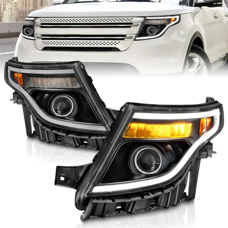 Anzo Projector Headlights With Light Bar For 2011–2015 Ford Explorer (Halogen Equipped Only) – Black Housing 1