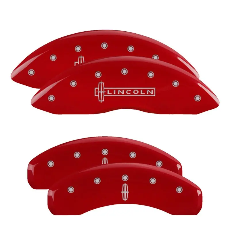 Mgp Engraved 4-Piston Caliper Covers – Front Lincoln Logo, Rear Star Emblem, Red Finish With Silver Chrome Accents 1